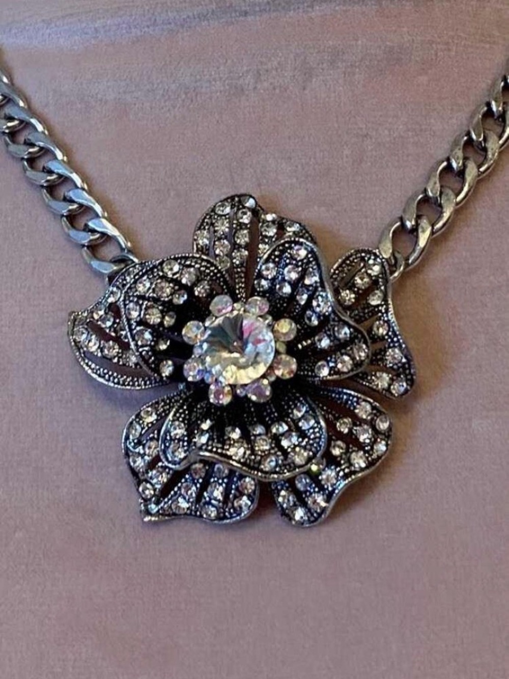 Crystal Flower Pendant Necklace - Silver Tones